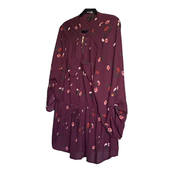 ORANGE KISS LONG SLEEVE V-NECK HALF-ZIP BLOUSE, WOMENS, 3X, BURGUNDY W/FLOWERS - Picture 4 of 12